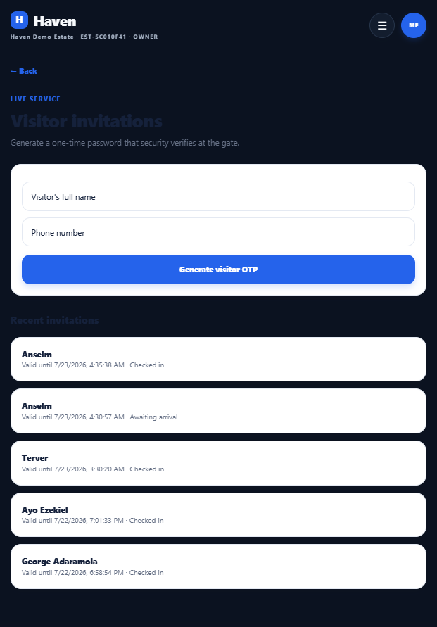 Visitor invitations — one-time passwords verified at the gate