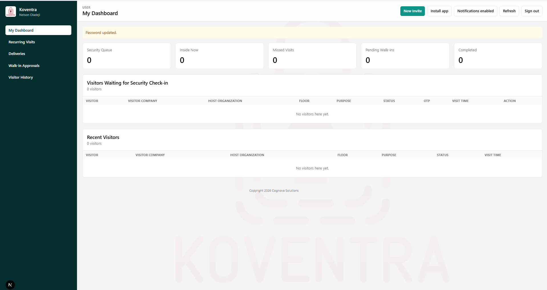 Staff dashboard — invites, walk-in approvals & visitor history