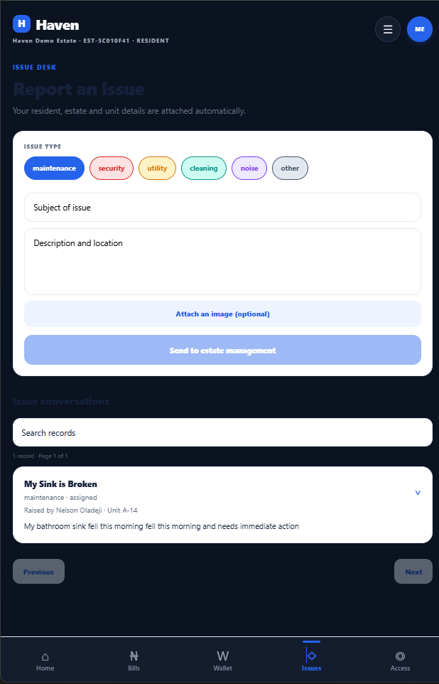 Issue desk — categorised reports with conversation threads