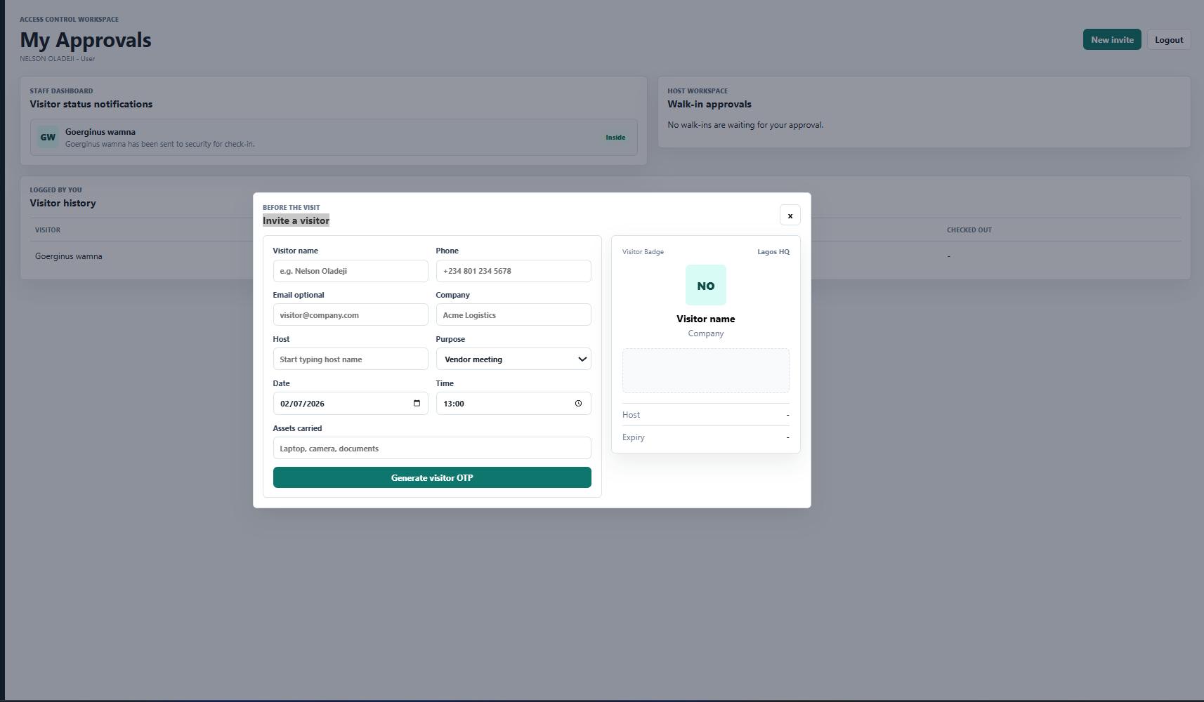 Invite a visitor — form and badge preview