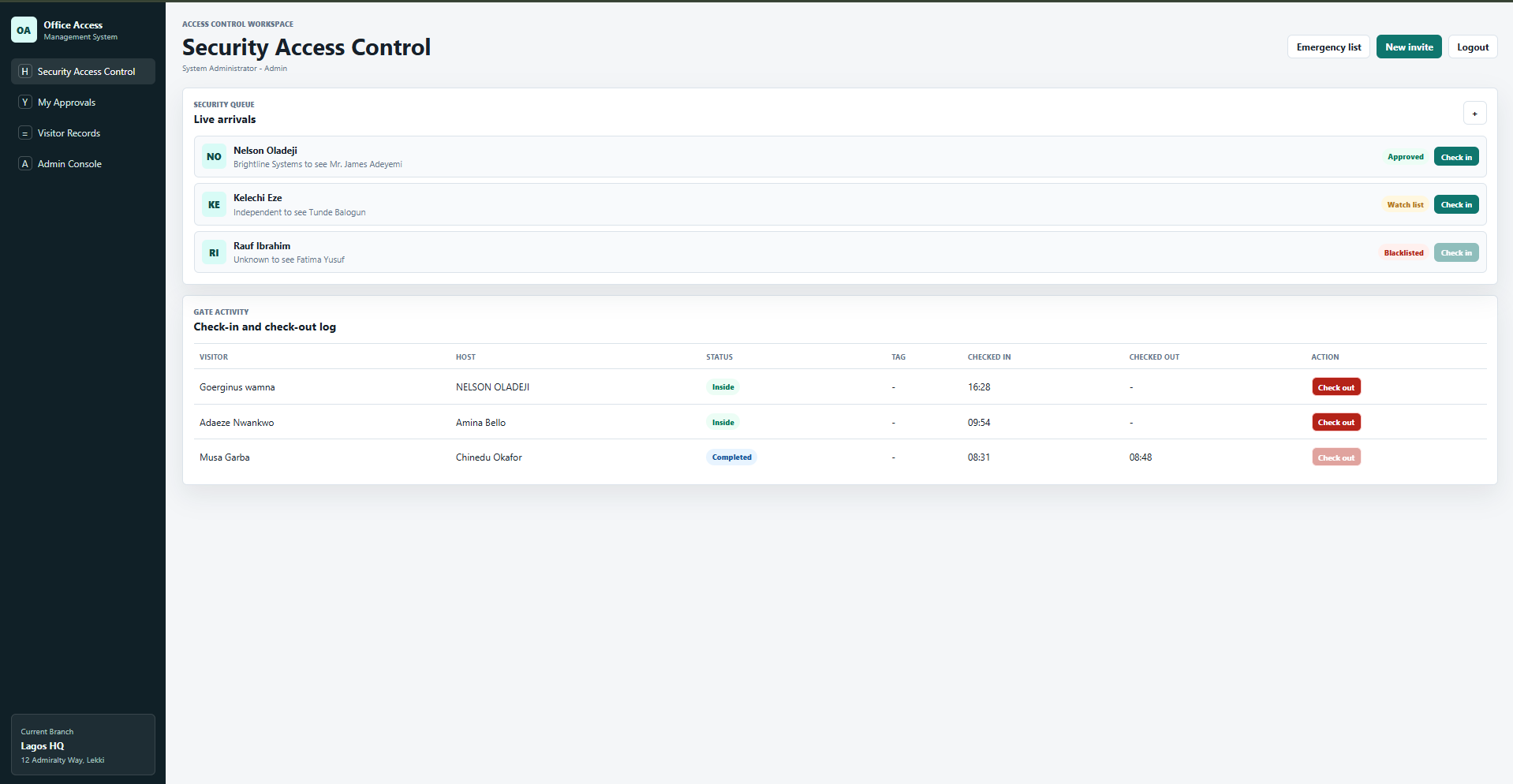 Live arrivals dashboard — approval statuses & check-ins