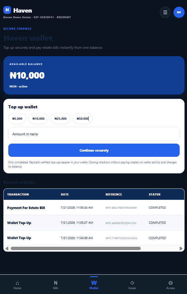 Haven wallet — secure top-ups and instant estate bill payments