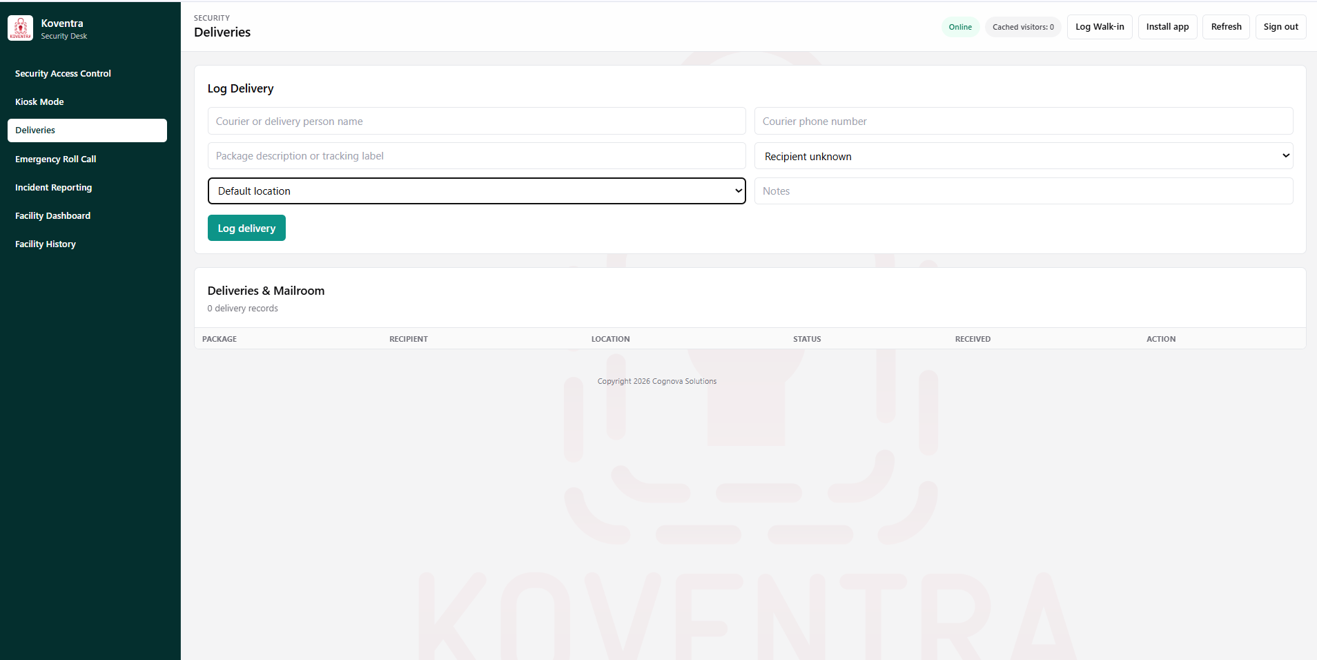 Deliveries & mailroom — courier logging with offline cache