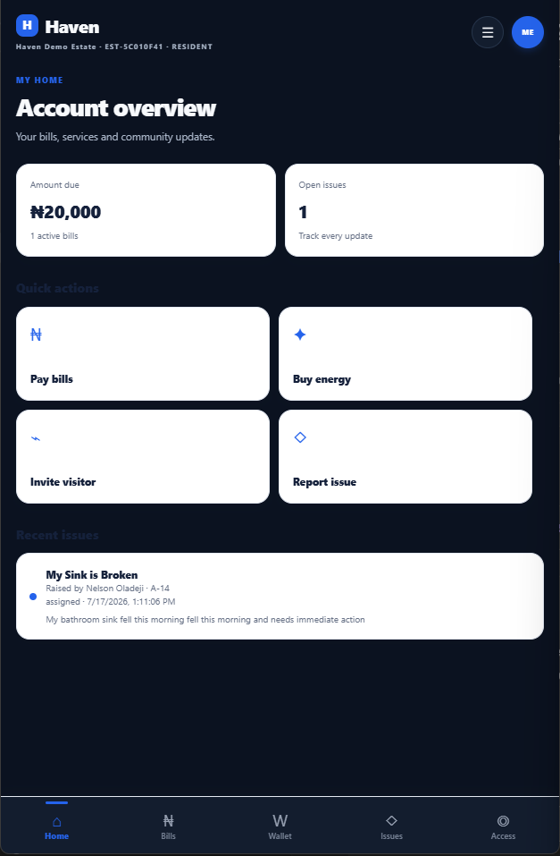 Resident app — account overview, bills, wallet & issues