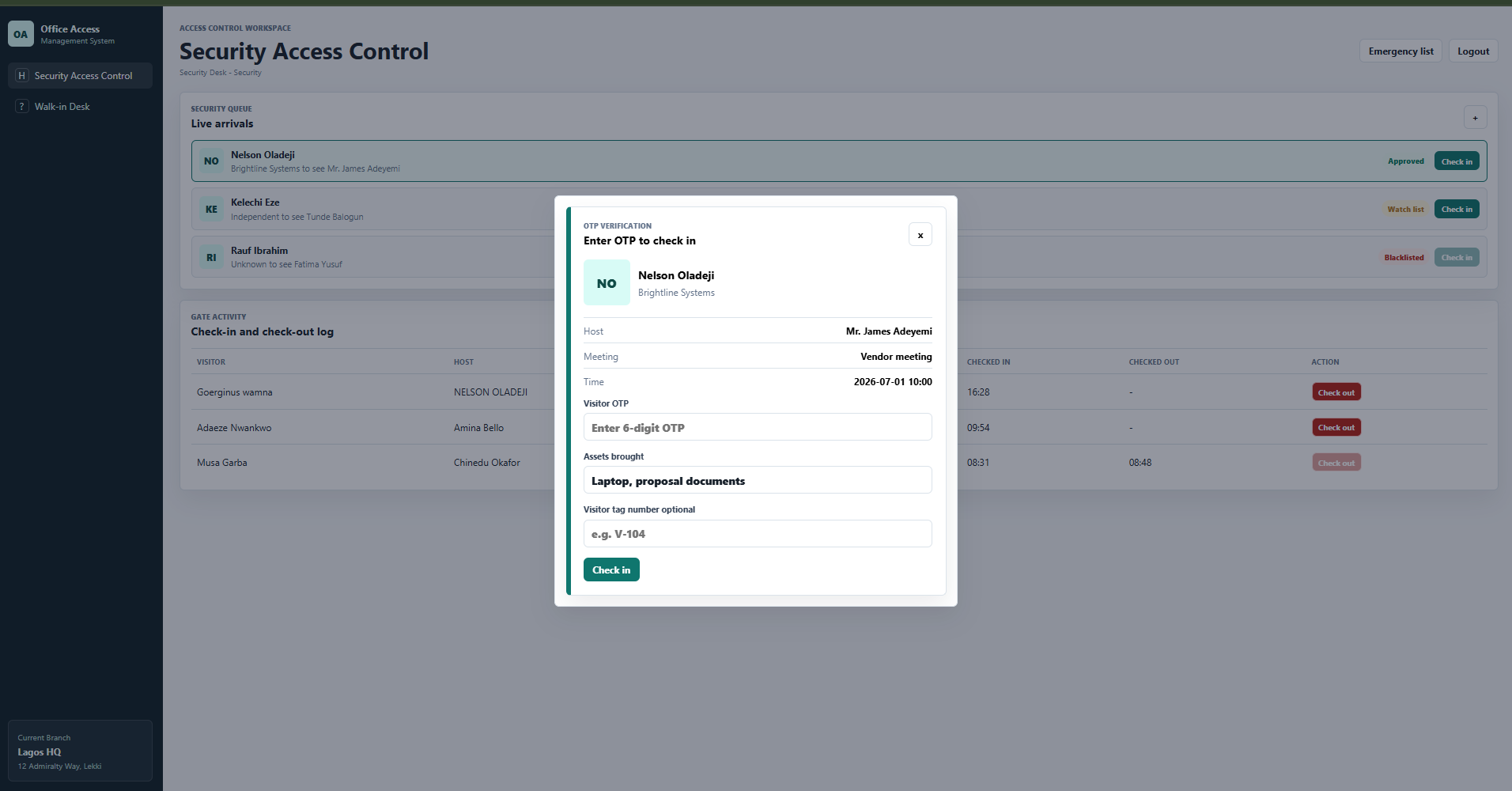 OTP verification — secure check-in modal