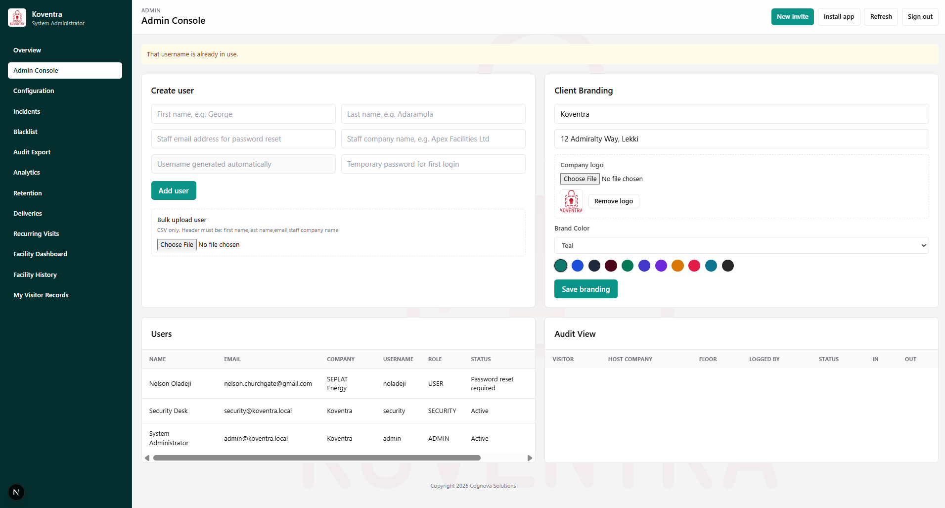 Admin console — user creation, bulk upload & client branding